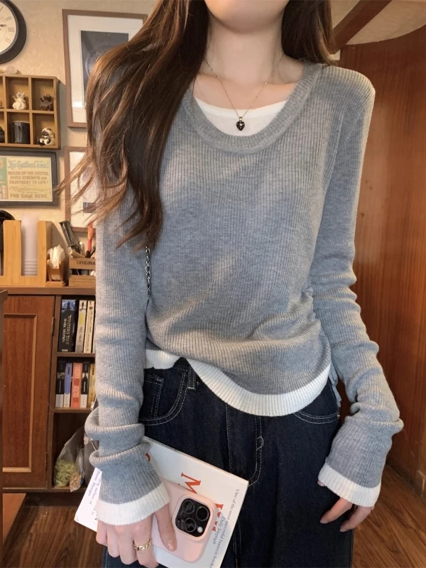 Color Block U-Neck Drawstring Fake Two-Piece Knit Sweater Women's Autumn Winter Inner Wear Base Shirt Design Sensation 