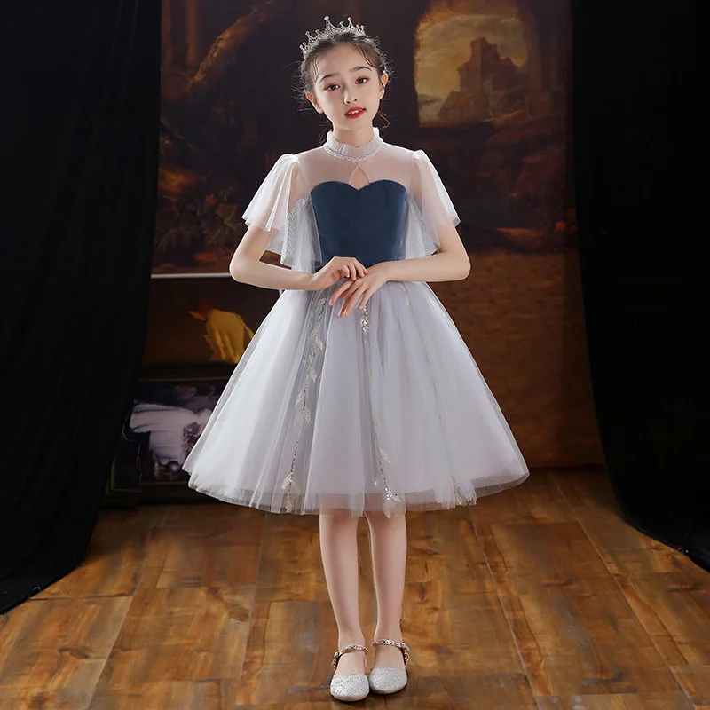 Little Girl Piano Perforance Dress Child Formal Party Princess Long Prom Dresses School Graduation Teen Girl Velvet Evening Gown