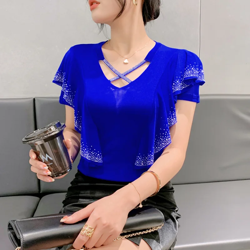 

New 2024 Summer Short Sleeved Ruffles V-Neck Women's T-Shirt Elegant Slim Hot Drilling Solid Color Mesh Tops Clothes