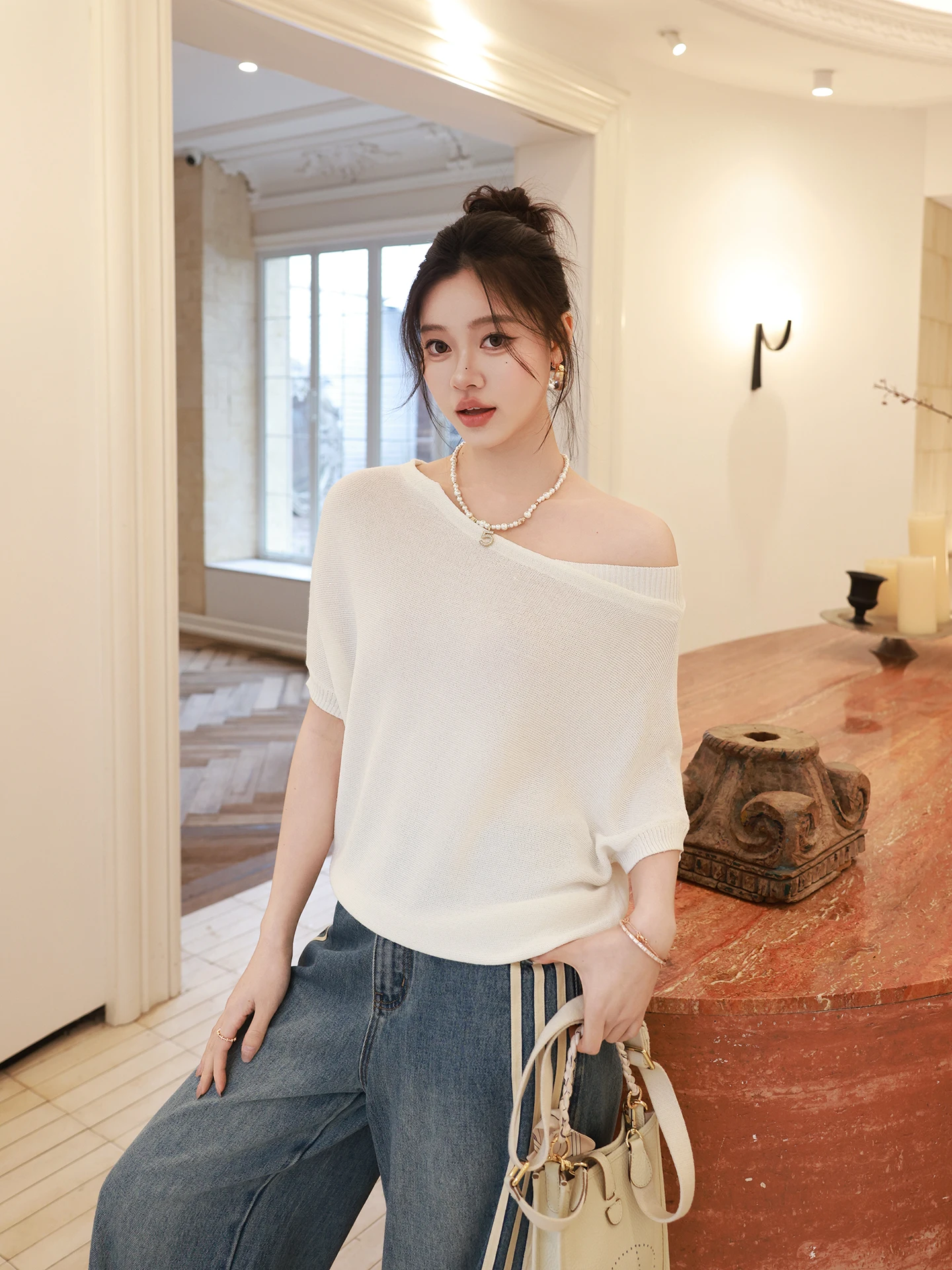 

Lao Yang Family Casual Knitted Short Sleeve T-Shirt Women's Breathable Fashionable Slimming Comfortable Spring Summer Top