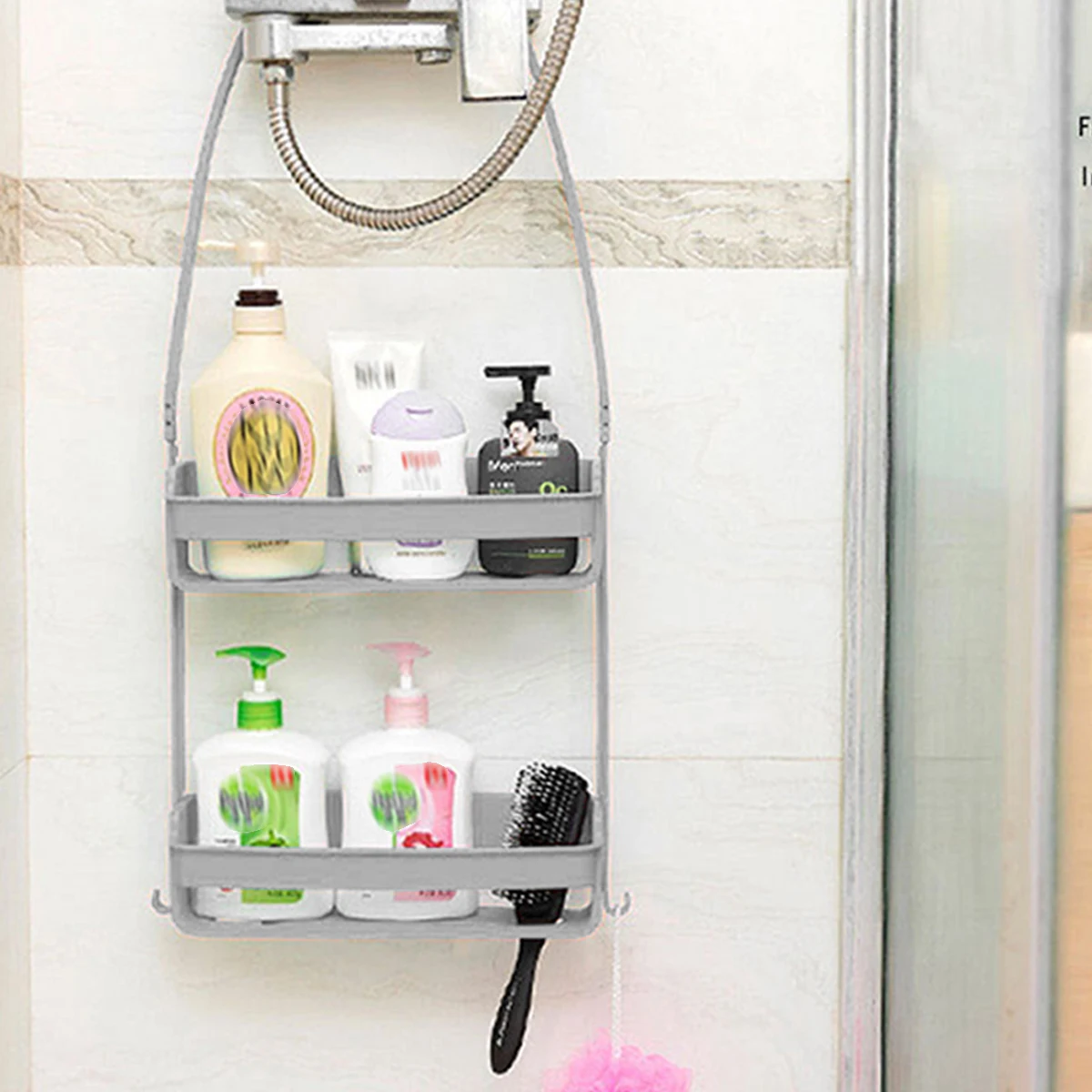 

Bathroom Hanging Shower Caddy with 2 Layers Shower Organizer Holder Bathroom Hanging Storage Rack Over Shower Head for Shampoo