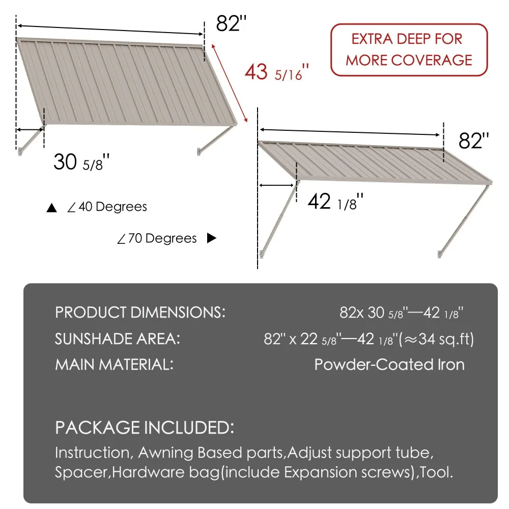 Adjustable Door Window Awning – 4-Level Tilt, Aluminum Frame