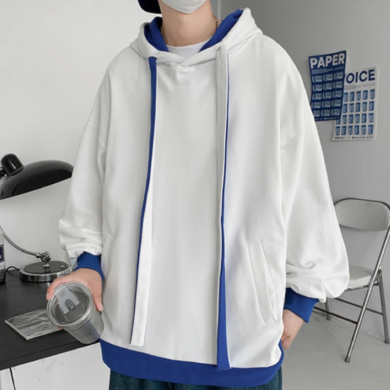 Hooded Hoodies Men Loose Fall Newly Chic Ulzzang High Street Simple Patchwork Drawstring Casual All-match Kangaroo Pocket Trendy