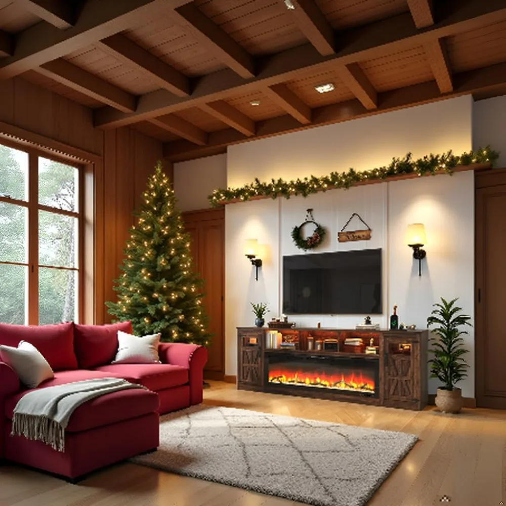 Meja TV dengan Perapian untuk TV 100 Inci, Pusat Hiburan Gaya Farmhouse 95 dengan Perapian Listrik 60 & Lampu LED, Konsol Media Besar