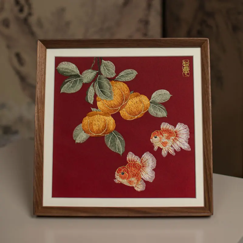 ‘All the best!’ Persimmon Goldfish Suzhou Embroidery Decorative Printing Art‌ Room Chinese Cultural Decor Ornament 27x27cm