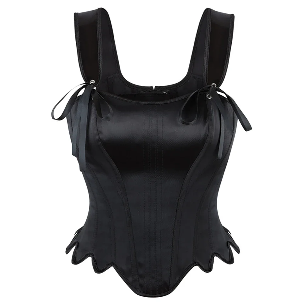 

Black Satin Women Overbust Corset Tops Sexy Lingerie Shoulder Straps Bustier Short Vest Gothic Vintage Body Shaper Corselet