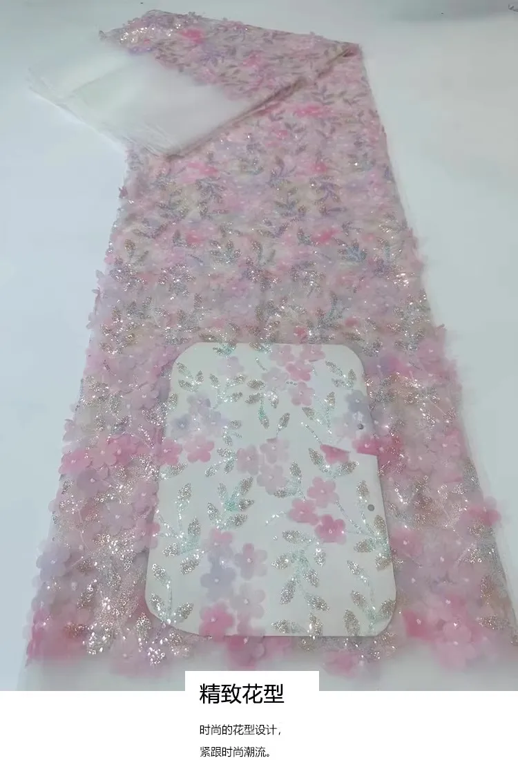 

5yard 3D small flower bead sequin embroidery tela Fashion Design Wedding Dress fabrics for clothing luxury Gauze Fabric