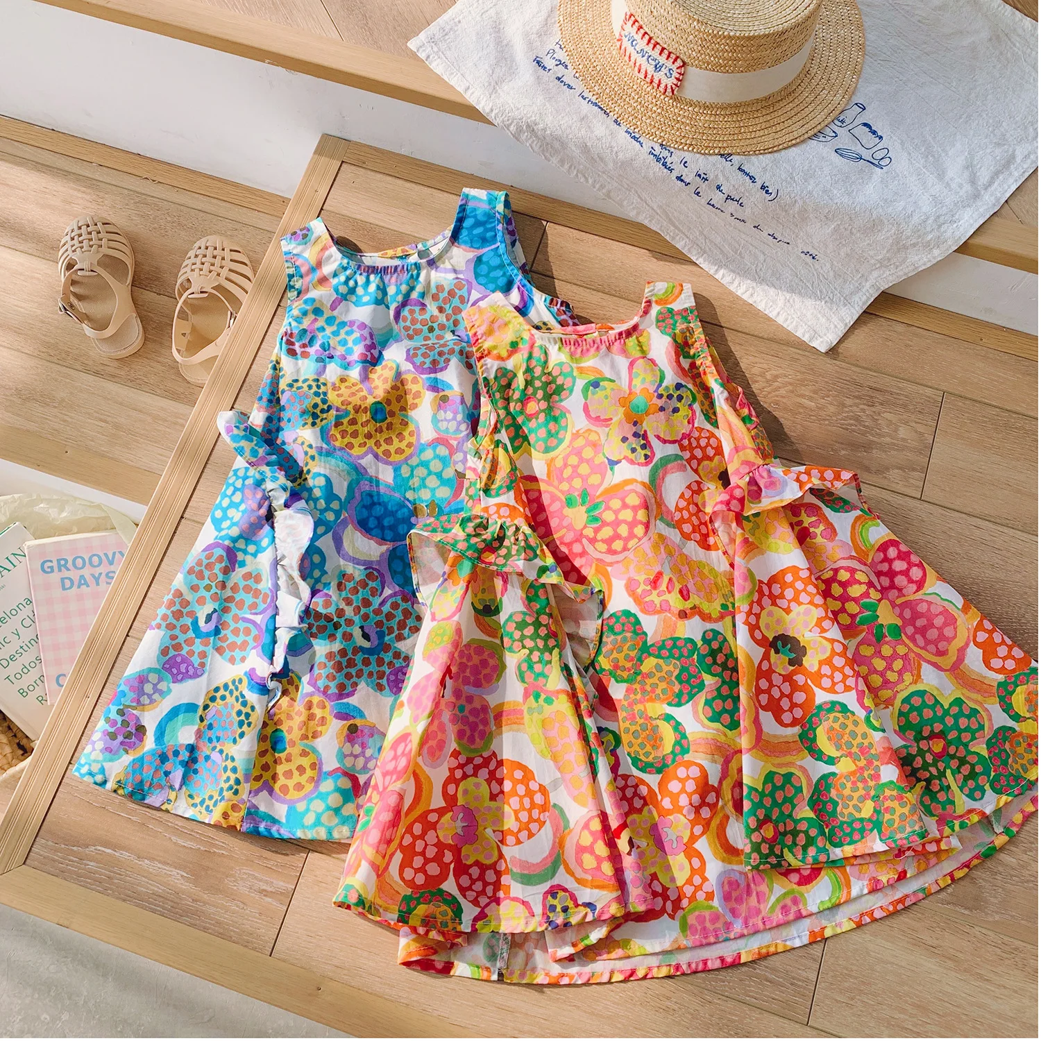 

Повседневные платья для девочек, платье без рукавов с цветочным принтом, милое платье с рюшами, детская одежда для девочек от 2 до 7 лет