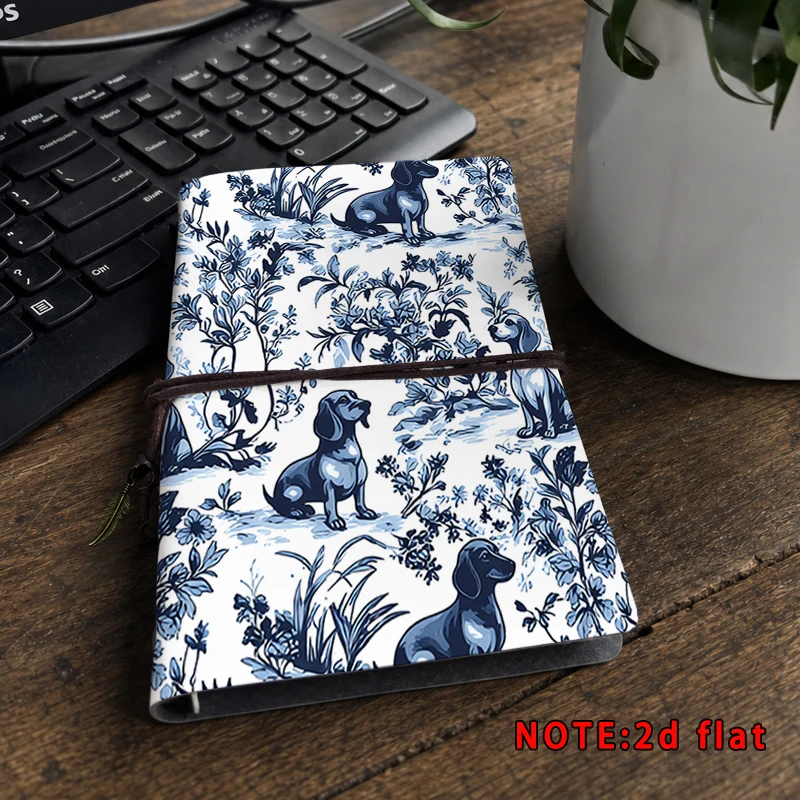 Blue White Toile Dachshund Dog Floral Print Travel Notebook PU Travelers Journal Replaceable Refill Pocket Diary Pet Lover Gift