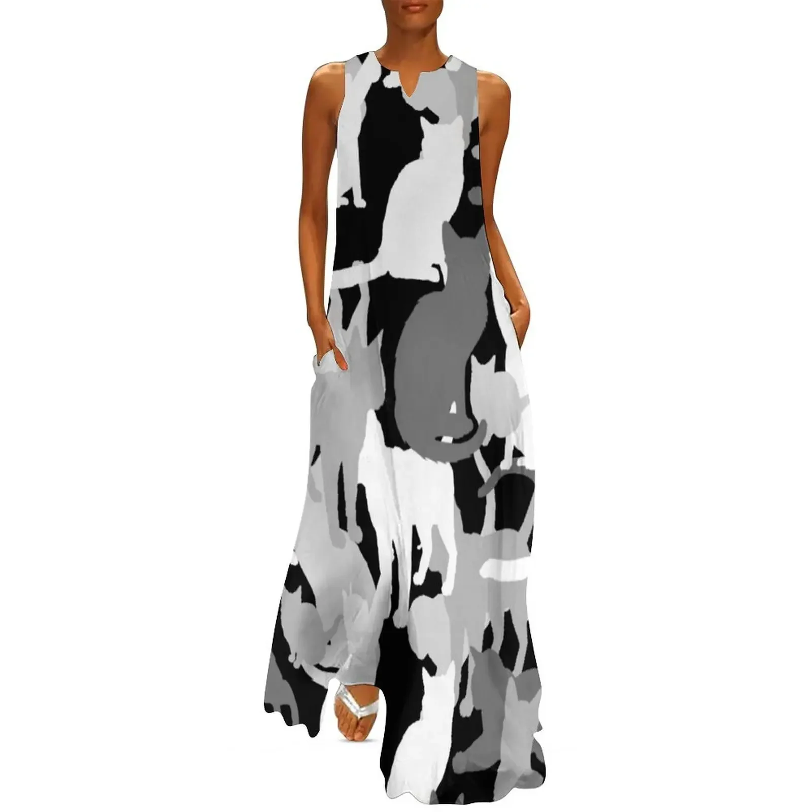 

Grey black Cat-moflage Camouflage repeat pattern Long Dress elegant dress summer women's dress 2025