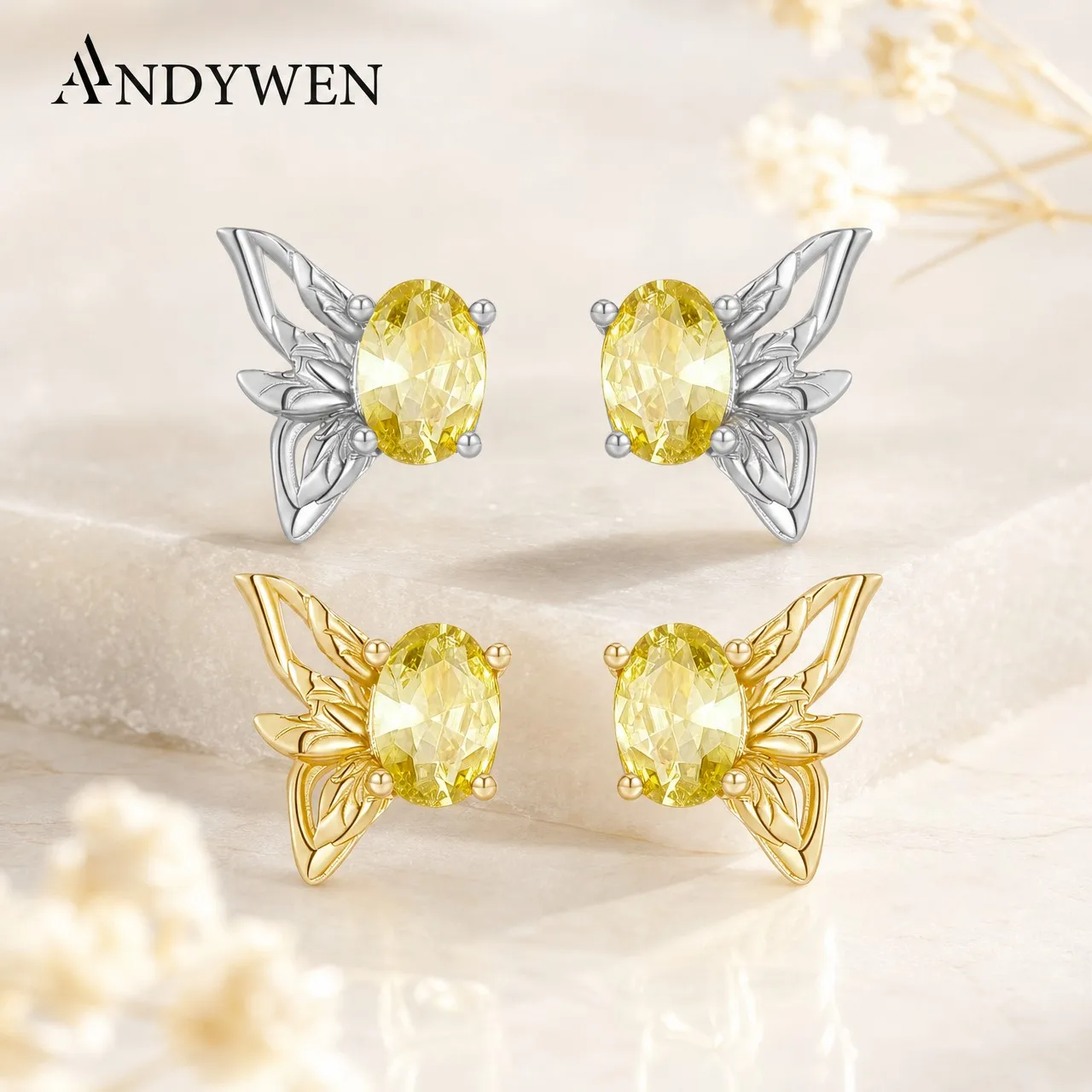 ANDYWEN 925 Sterling Silver Butterfly Stud Earrings with Oval Yellow Zircon 2026 New Fine Luxury Jewelry for Women Daily Gift