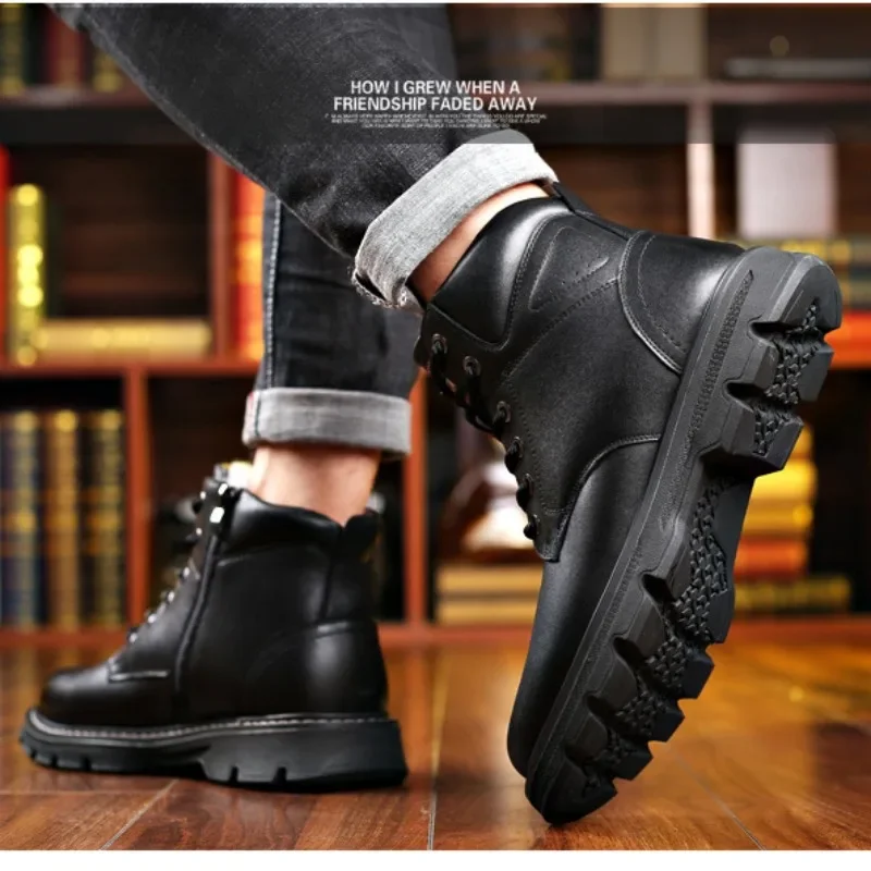 Genuine Cow Natural Leather Winter Wool Fur Plush Warm Men Ankle Snow Boots Fashion Motorcycle Shoes Male Outdoor Working Shoes