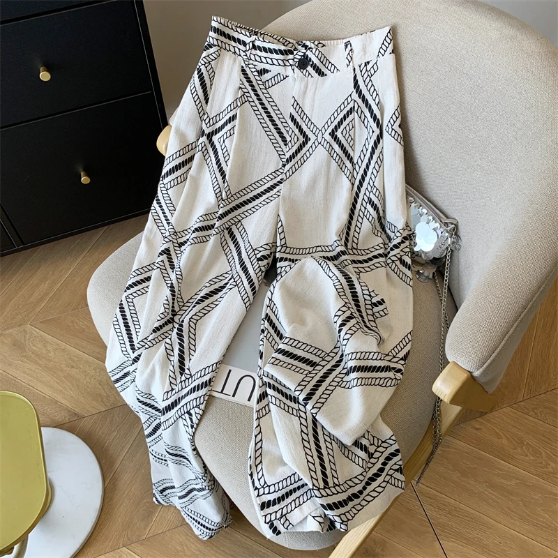 Nieuwe Retro Katoen Linnen Wijde Pijpen Broek Voor Vrouwen Zomer Mode Gestreepte Print Hoge Taille Losse Lange Broek Casual Veelzijdige Broek