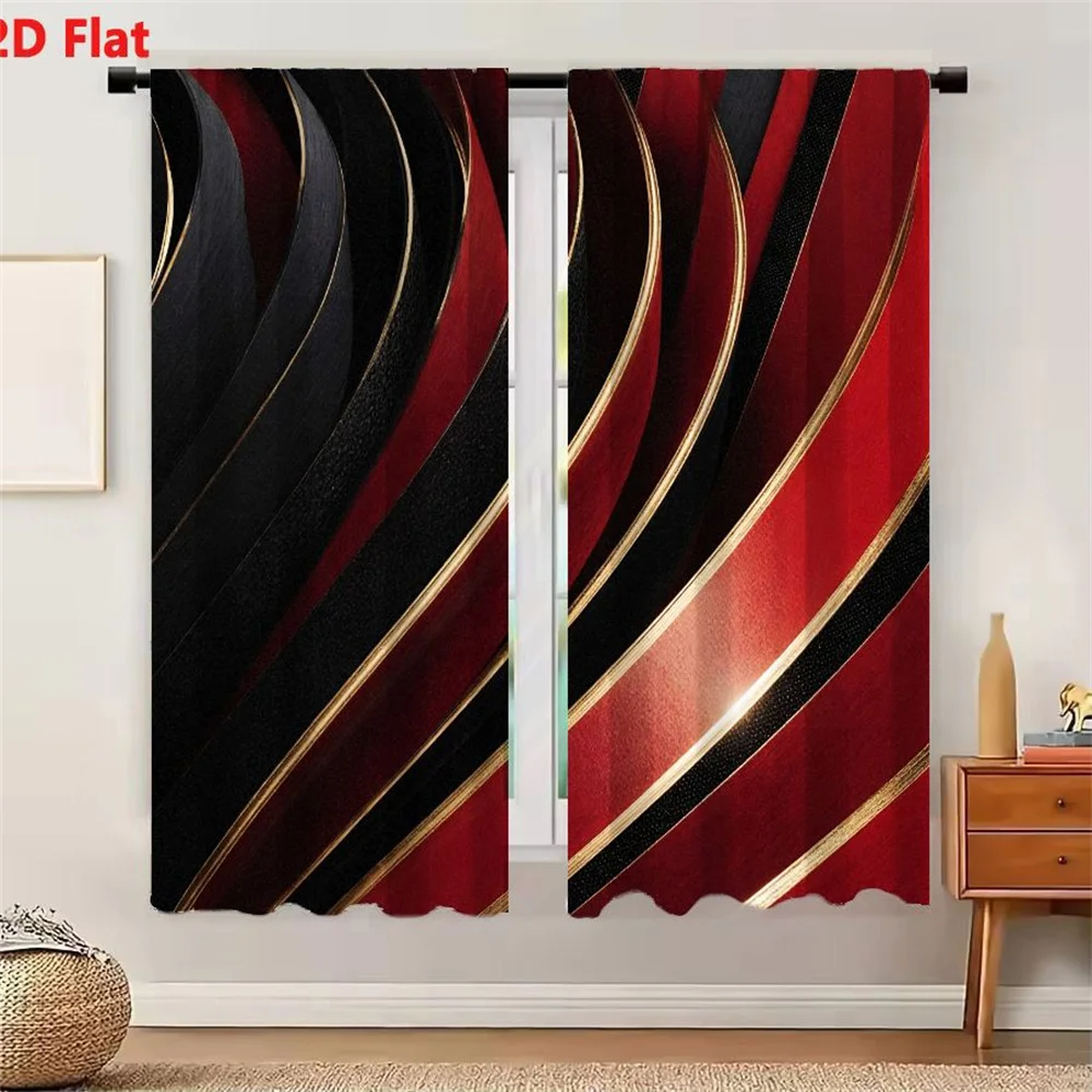 2Pcs Curtains Abstract Luxury Composition With Flowing Red And Black Curves Bordered By Shimmering Gold Lines Featuring Smooth T