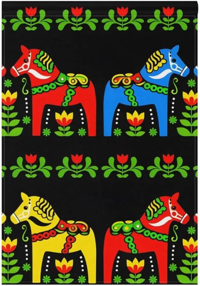 Four Horse Garden Flag Yard Decor Double Sided, Swedish Dala Horse Garden Flag Stand For Patio Lawn Garden Outside 12