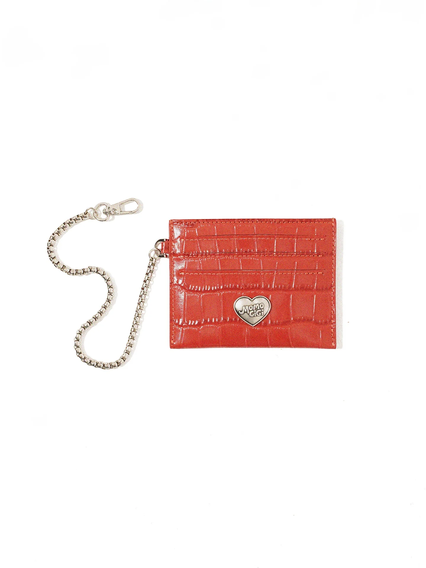 Momogigi Strawberry Pie Design Super Thin One-Piece Crocodile Embossed Leather Chain Wallet Card Holder for Women