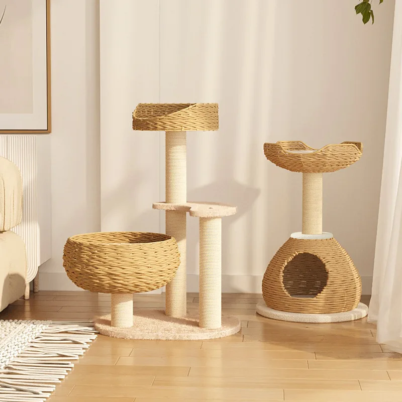 

Rattan Solid Wood Cat Climbing Frame with Nest Small Cat Toy Four Seasons Universal Scratching Post Cat Tree