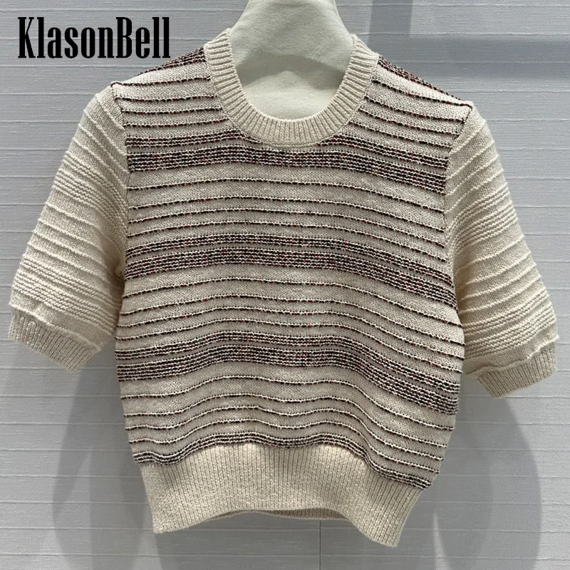 

8.24 KlasonBell Women Clothes Striped Jacquard Weave Short Sleeve Knitwear Top Casual Elegant O-Neck Pullover Sweater