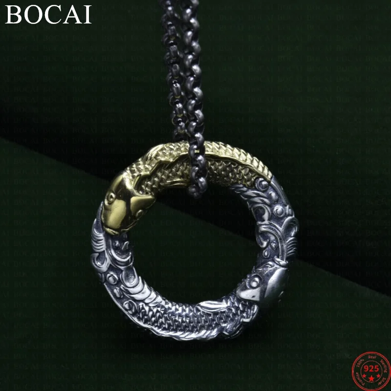 BOCAI-Bijoux en argent regardé S925 pour hommes et femmes, amulette double poisson en relief, style ethnique, nouvelle mode, livraison gratuite