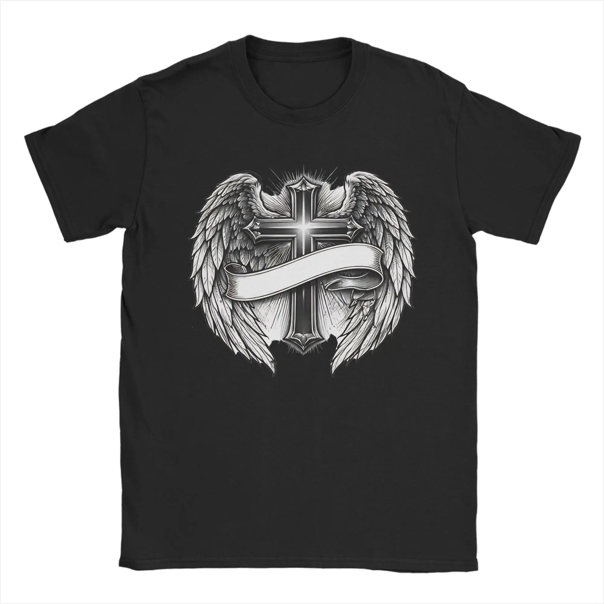 Faith Over Fear Fiery Eagle Wings Ornate Cross T-Shirt Angel Wings Cross Christian T Shirts Short Sleeve Tops Cotton Plus Size
