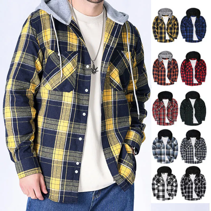 New American size men\'s long-sleeved shirt spring and autumn flannel coat plaid casual non-ironing large size hat fashion