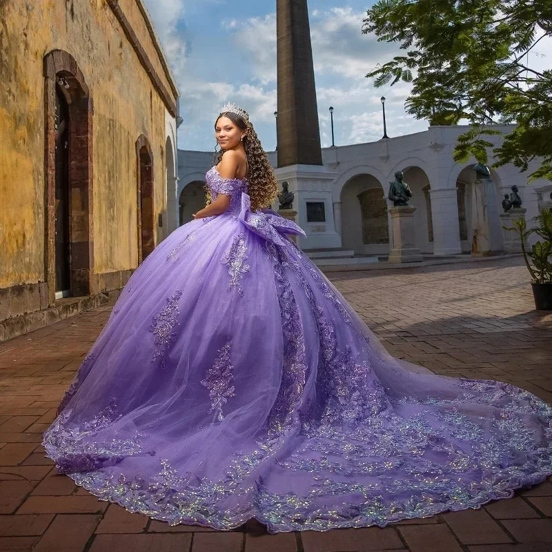 Customized Lavender Off The Shoulder Beading Crystal Quincenara Dresses Ball Gown Appliques Lace Bow Tull Sweet 15 Vestidos