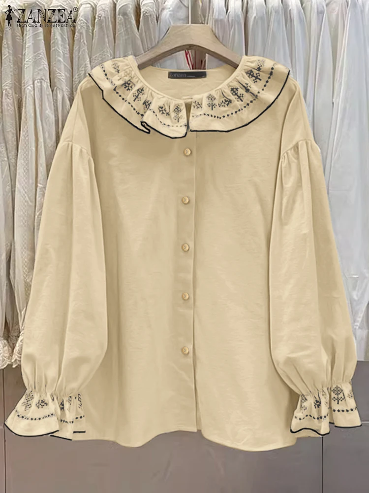 

ZANZEA Woman Vintage Contrasting-Embroidery Shirts Elegant Peter-Pan Collar Long Sleeve Chemises Femme 2025 Spring Day Wear Tops