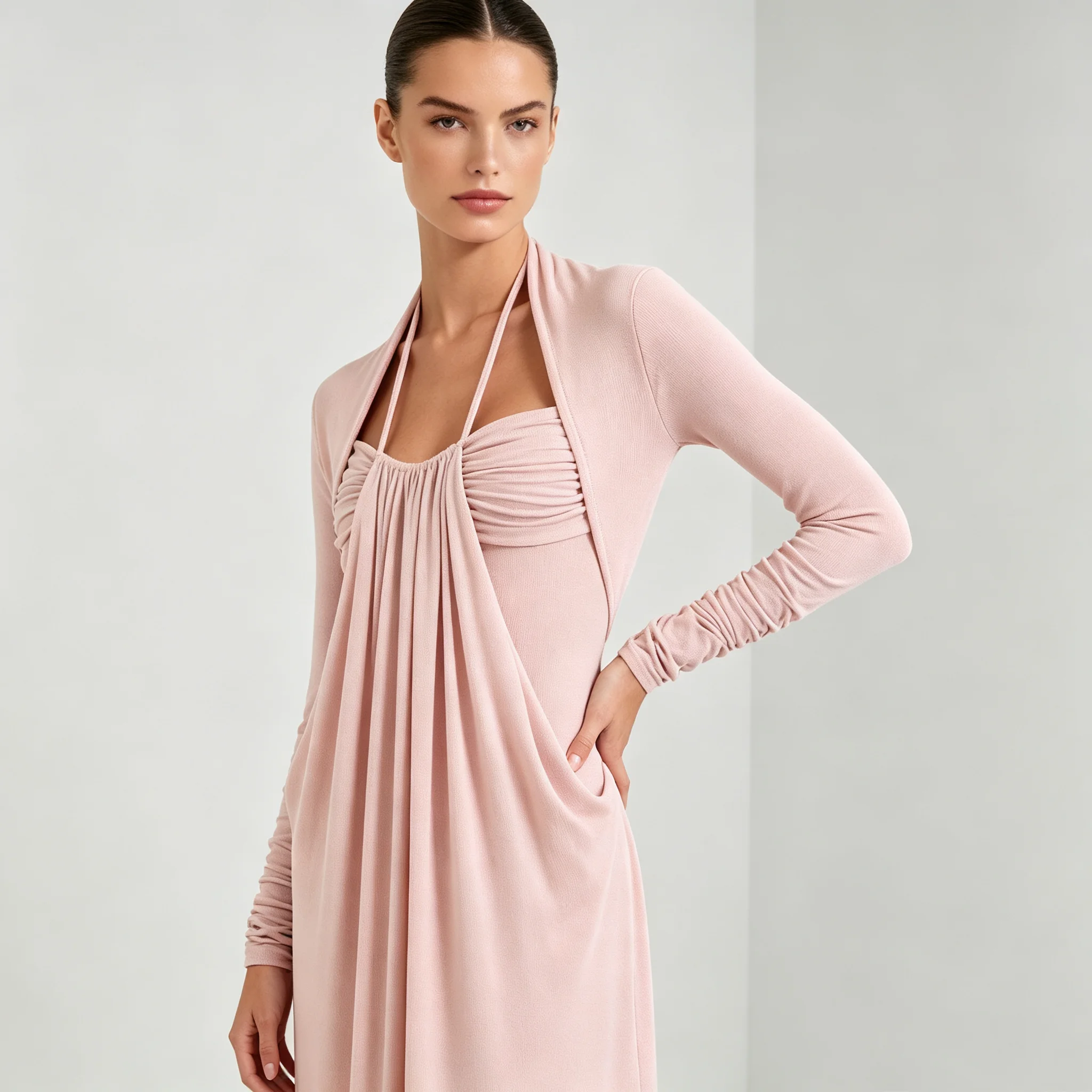 MsChuh Women's New Style Long Dress Solid Color Long Sleeves Slimming Strap Dress Long Street Trend Elegant All-match Vestidos