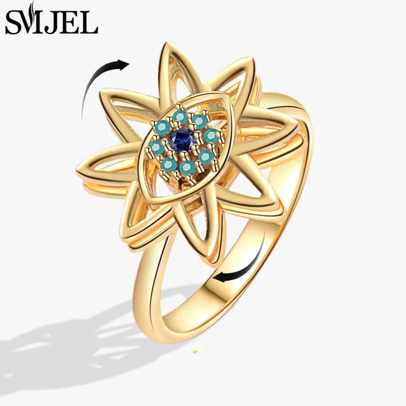 SMJEL Luxuriöse Kristall-Angstlöse-Drehringe für Frauen, niedlicher Sakura-Gänseblümchen-Rosen-Blumen-Drehring, Anti-Stress-Geschenk