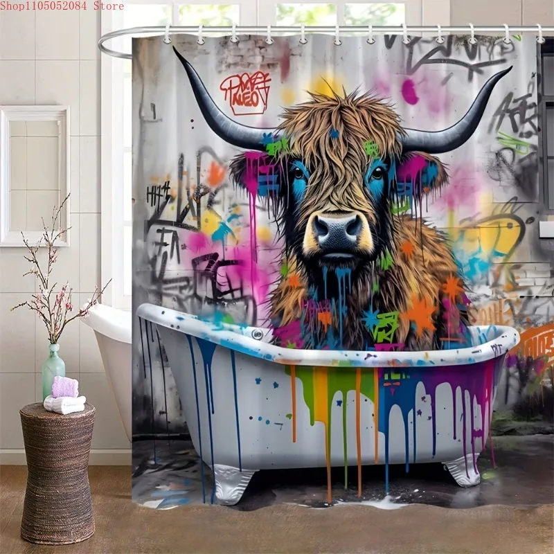 colorful highland cow graffiti shower curtain polyester -   With Hooks Waterproof Mildew Proof Easy Install Washable