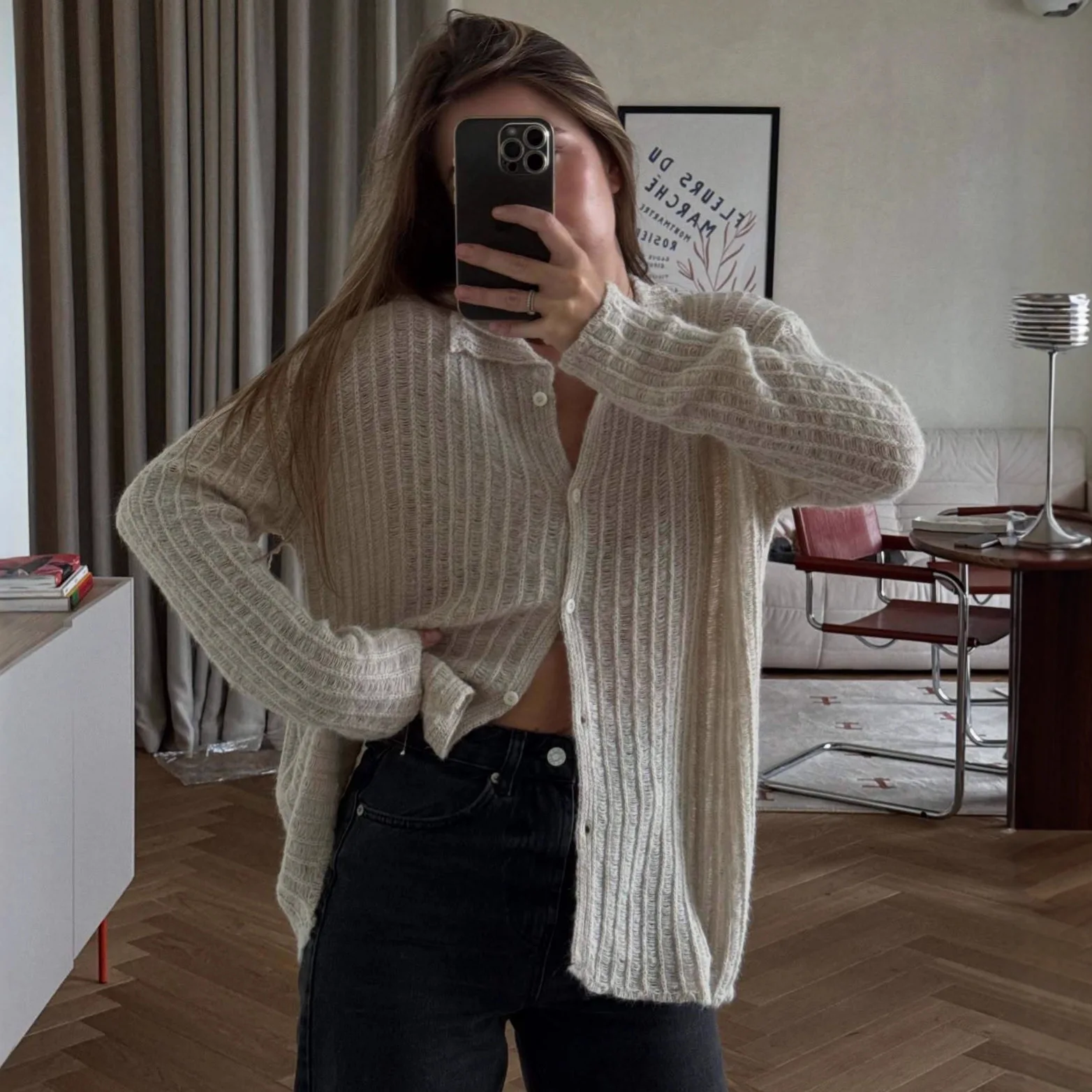 

DSMTRC Women's Hollow Out Loose Long Sleeve See-Through Polo Shirt Outwear Autumn Knit Sweater Cardigan Female Knitwear Cardigan