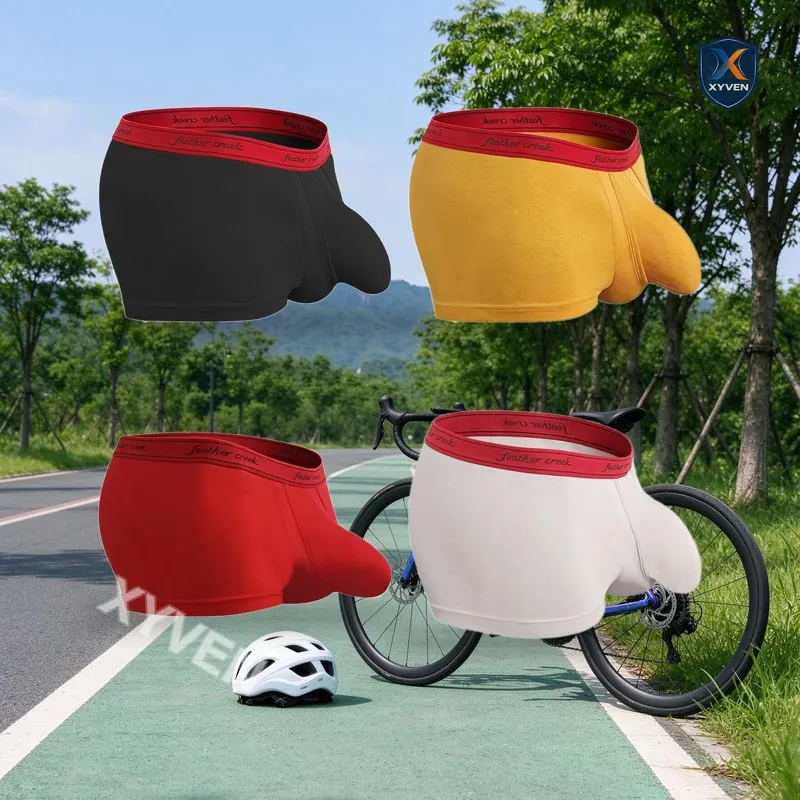 Mens Bamboo Fiber Boxer Briefs Mega Pouch Cycling Underwear Breathable Quick Dry U Pouch Bullet Separation Open Fly Sport Bike