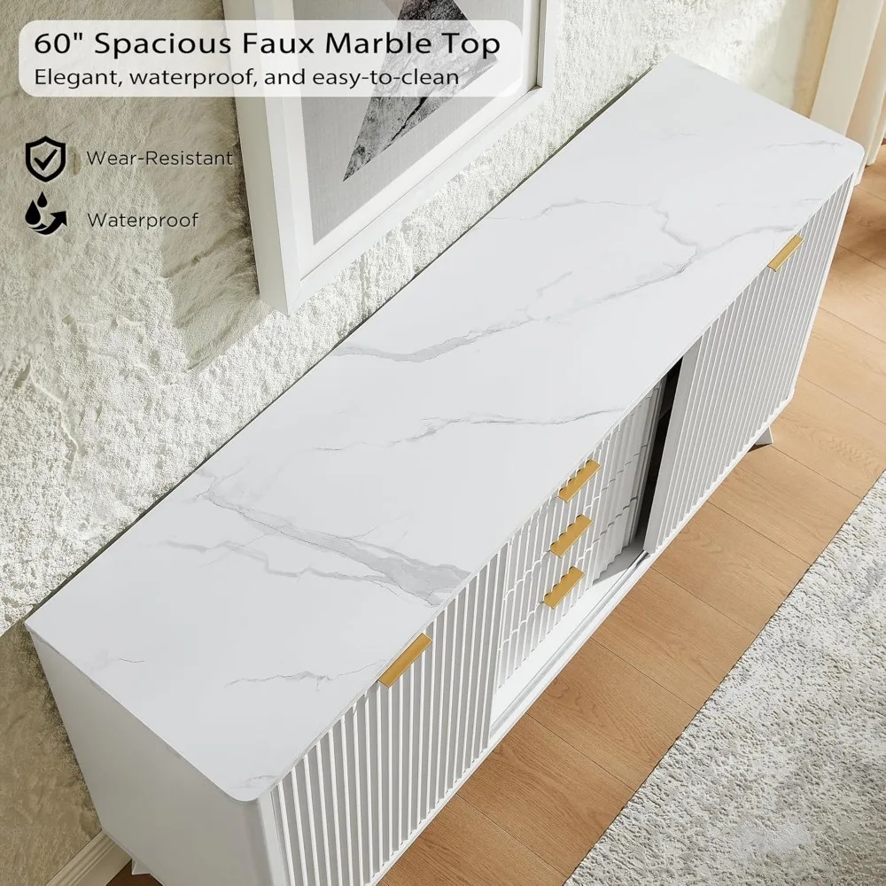Komoda nowoczesna z rowkowanym wykończeniem, 60 cali, z przesuwnymi drzwiami, blatem z imitacji marmuru, 4 szufladami, zakrzywionym kształtem, komoda/stojak pod telewizor.