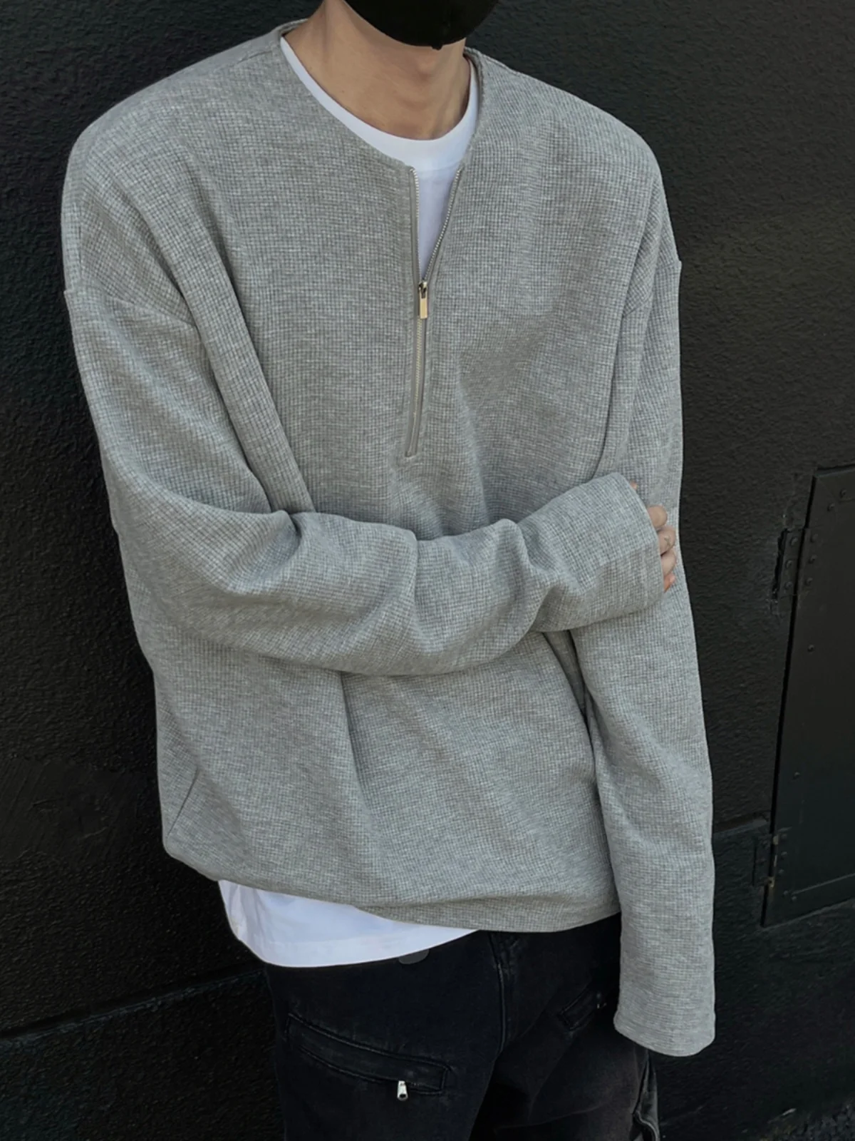 

Мужская футболка свободного кроя с длинным рукавом и круглым вырезом, на молнии, базовый слой, повседневная, в американском уличном стиле, осенняя одежда