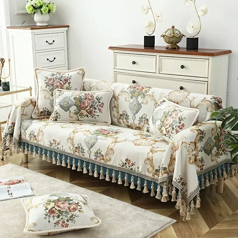 European Luxury Tassel Sofa Slipcover Couch Cover 1/2/3/4 Seater Jacquard Flower Single Furniture Recliner Chaise Sofa Towel