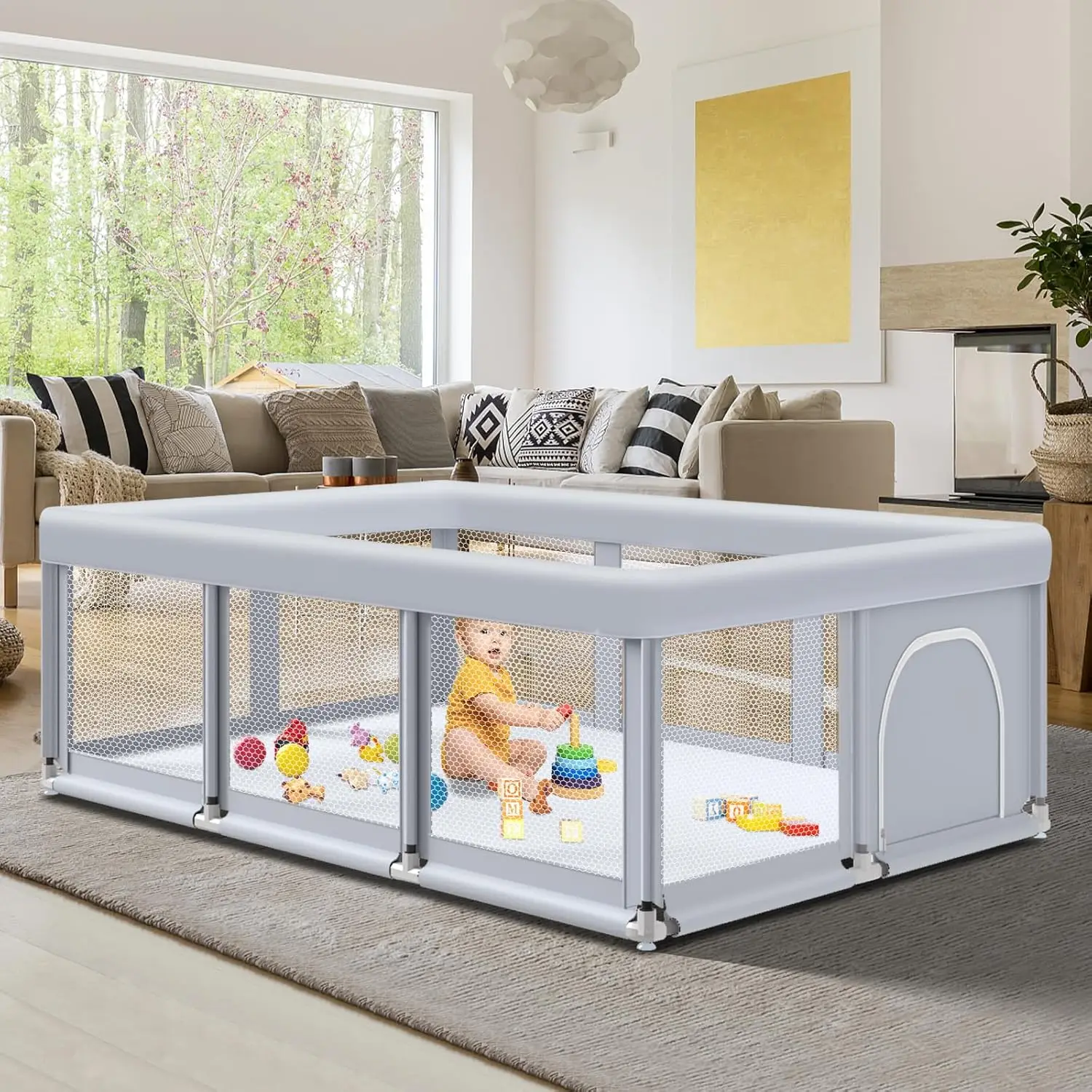 Box per bambini grande, recinto da gioco per interni ed esterni, box di sicurezza robusto con rete morbida e traspirante
