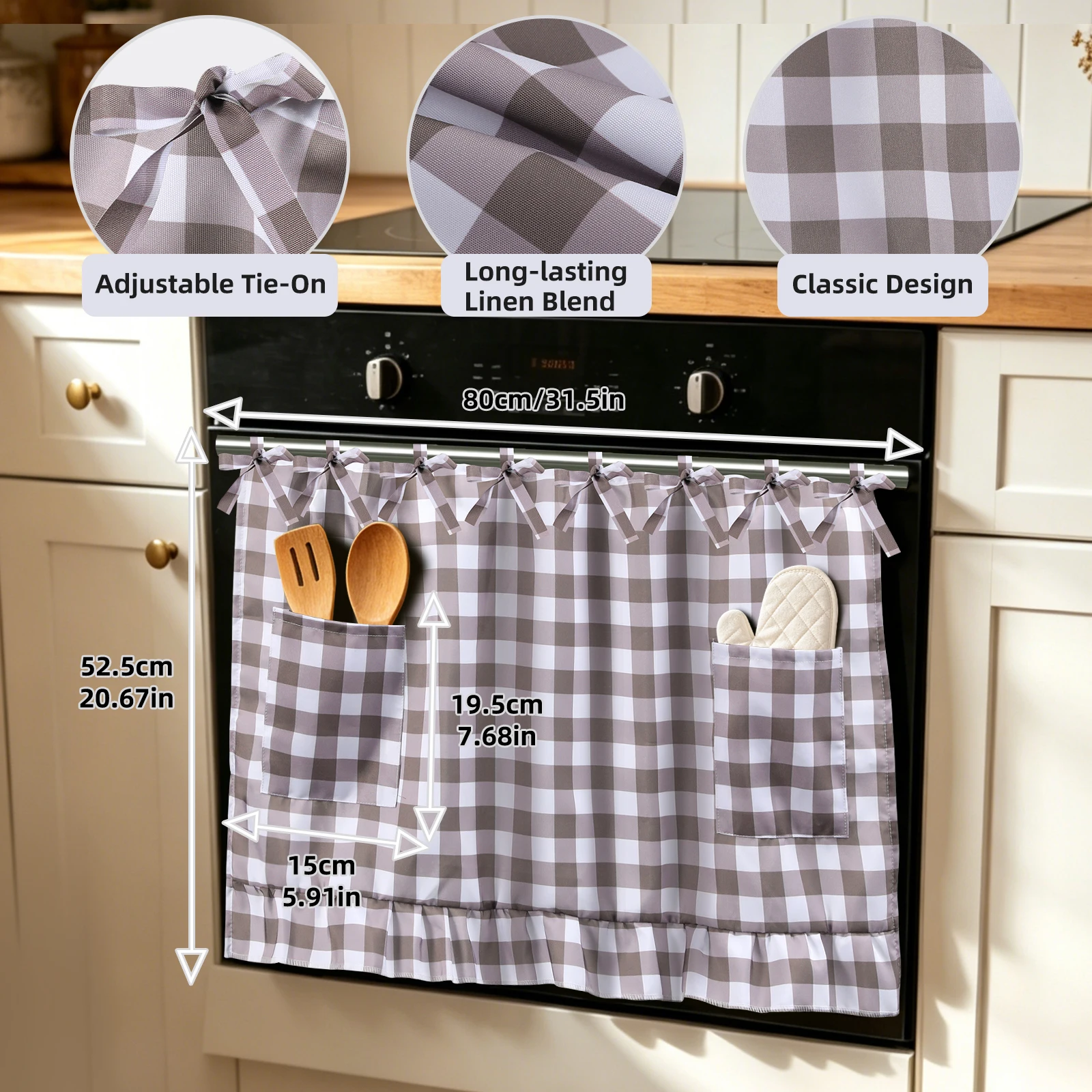 Oven Skirt Curtain for Door, Farmhouse Kitchen Decor Stove Cover with Ruffle Trim and Ribbon Ties, Handmade Style Appliance Curtain to Hide Clutter for Oven, Dishwasher (Khaki Checkered)