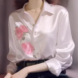 2024 Spring Summer New Women's Formal Commute Solid Color Blouses Printed Polo-Neck Single-breasted Slim Long Sleeve Chic Shirts