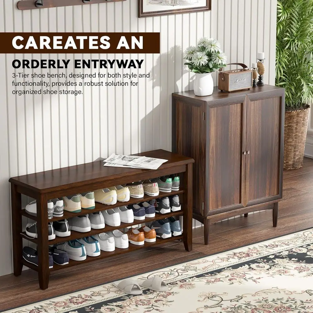 Регулируемая трехъярусная полка для обуви в прихожей для прихожей, гостиной, грязевых комнат - отделка из орехового дерева