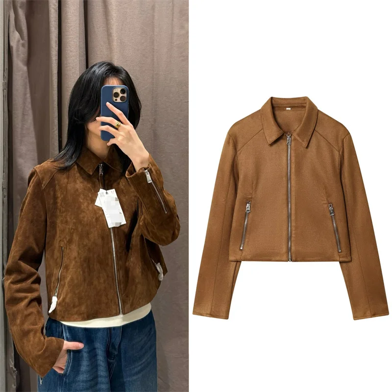 

Женская куртка, новинка осени 2025 г., русская укороченная куртка из искусственной кожи с длинными рукавами, куртка с отделкой на молнии, повседневная мода