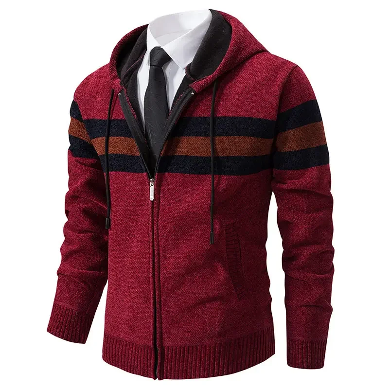 

CASUMANL Autumn and Winter New Velvet Hooded Jacket Fashion Sweaters Overcoat Slim Fit Zipper Fly Knit Cardigan Coat for Man