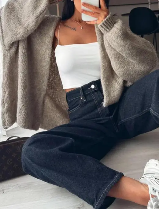 

Осенний однотонный свободный корейский вязаный кардиган с рукавами-фонариками для женщин, модная и простая куртка-кардиган