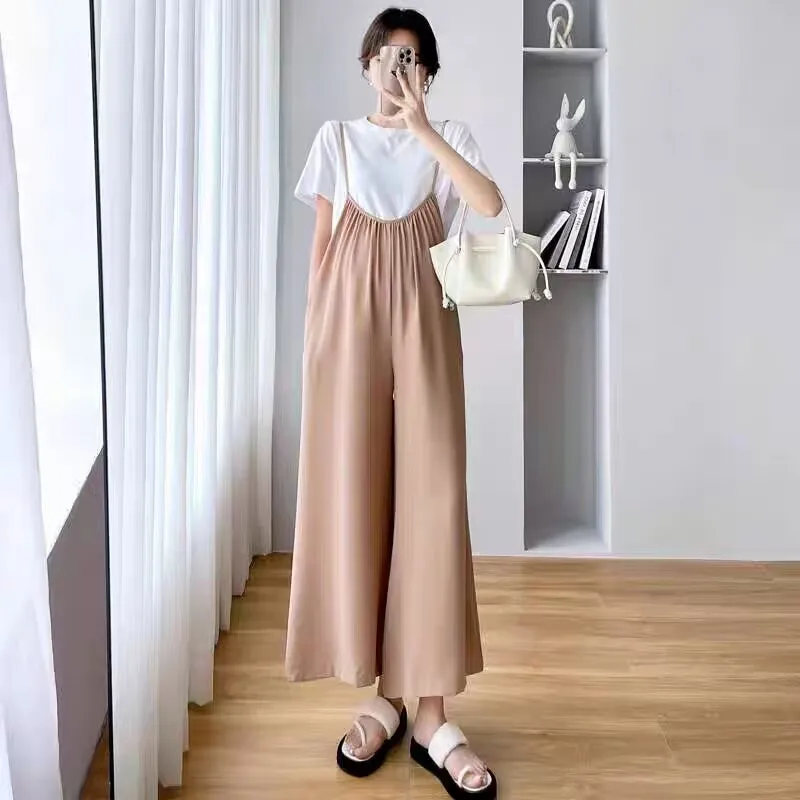 

Korean Style Long Loose Pregnant Woman Wide Leg Jumpsuits with Pocket Fashion Maternity Chiffon Overalls Pregnancy Strap Rompers