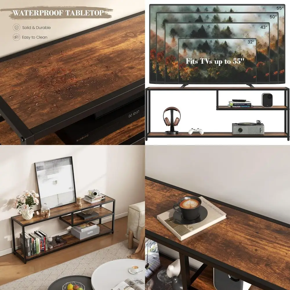 

Тумба под телевизор Rustic Brown 55 с полками для хранения, развлекательный центр с металлическим каркасом для гостиной и спальни