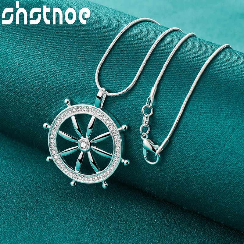 

40cm-75cm 925 Sterling Silver Chain Zircon Ship Rudder Steering Wheel Pendant Necklace For Women Bridal Party Charm Jewelry Gift