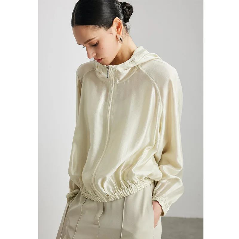 

2026 Spring Summer Hooded Mulberry Silk Top Silk Long-sleeved Coat Women
