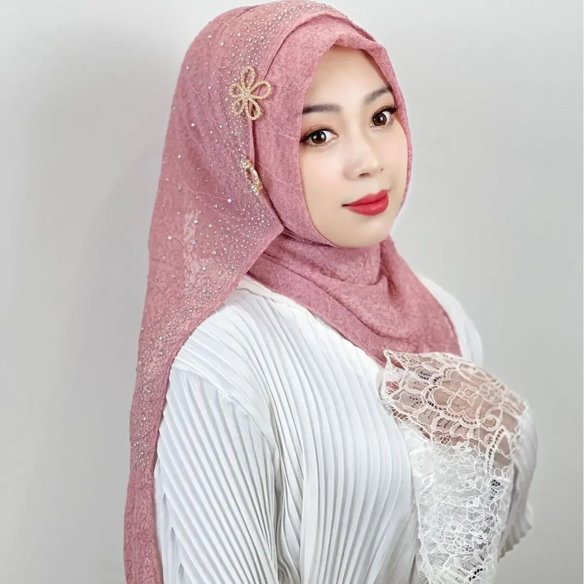 Neue malaiische Ärmel Kopftuch Gitter strukturierte Frauen Kopftuch helle Diamant Wrap Schal Pailletten Turban Hijab lang