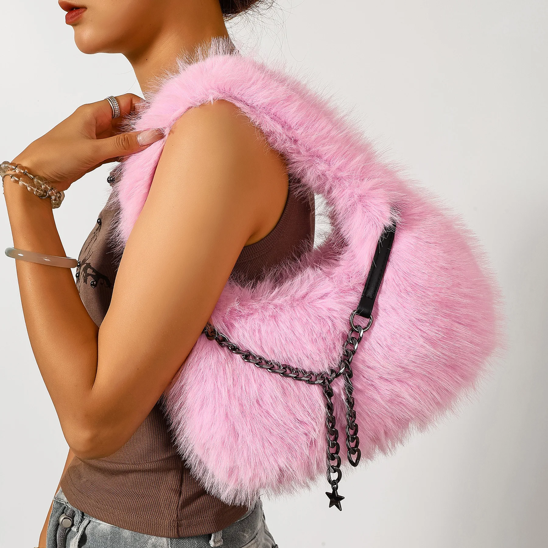Women Faux Fur Shoulder Bag, Fashion Chain Strap Plush Handbag, Trendy Fluffy Single Shoulder Purse for Autumn Winter Daily Wear