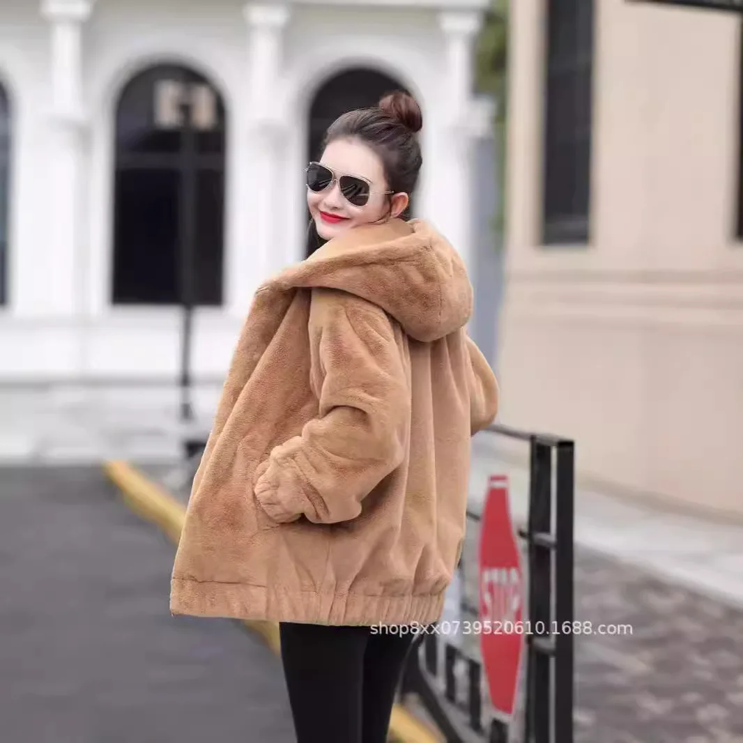 Women's Hooded Faux Mink Fur Coat Korean Daily Loose Thickened Warm Anti-static Durable Waterproof Versatile Luxury Outerwear
