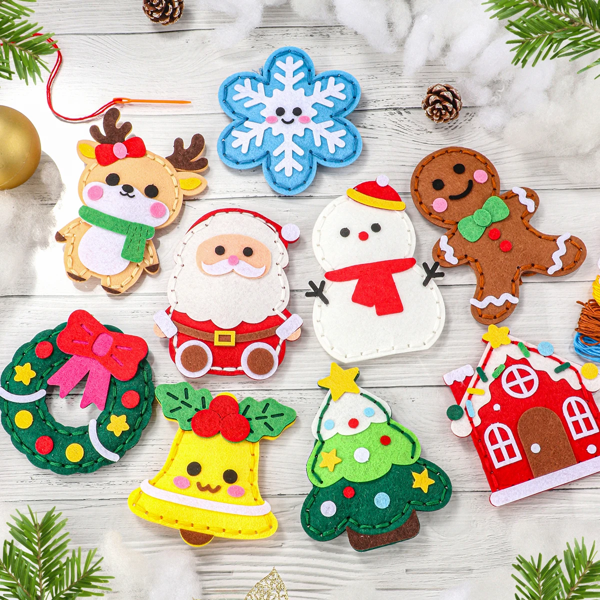 9-teiliges DIY-Weihnachtsnähset für Anfänger; Einfach zu bastelnde Weihnachtsbaumschmuckstücke, einschließlich Lebkuchenmann, Rentier – Detail 2